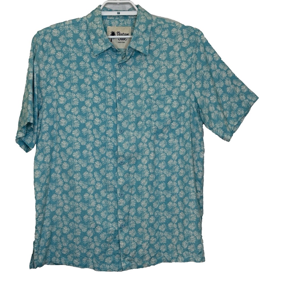 Vintage‎ Silk Shirt Mens XL Blue Floral 100% Silk Short Sleeve Button Up Beachy